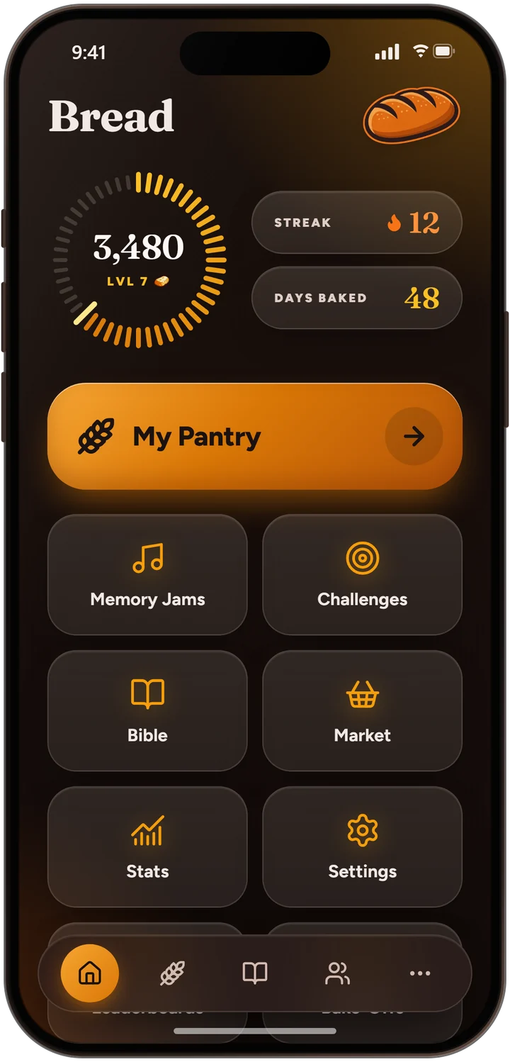 Bread Home screen with a 12-day streak, level dial, and My Pantry